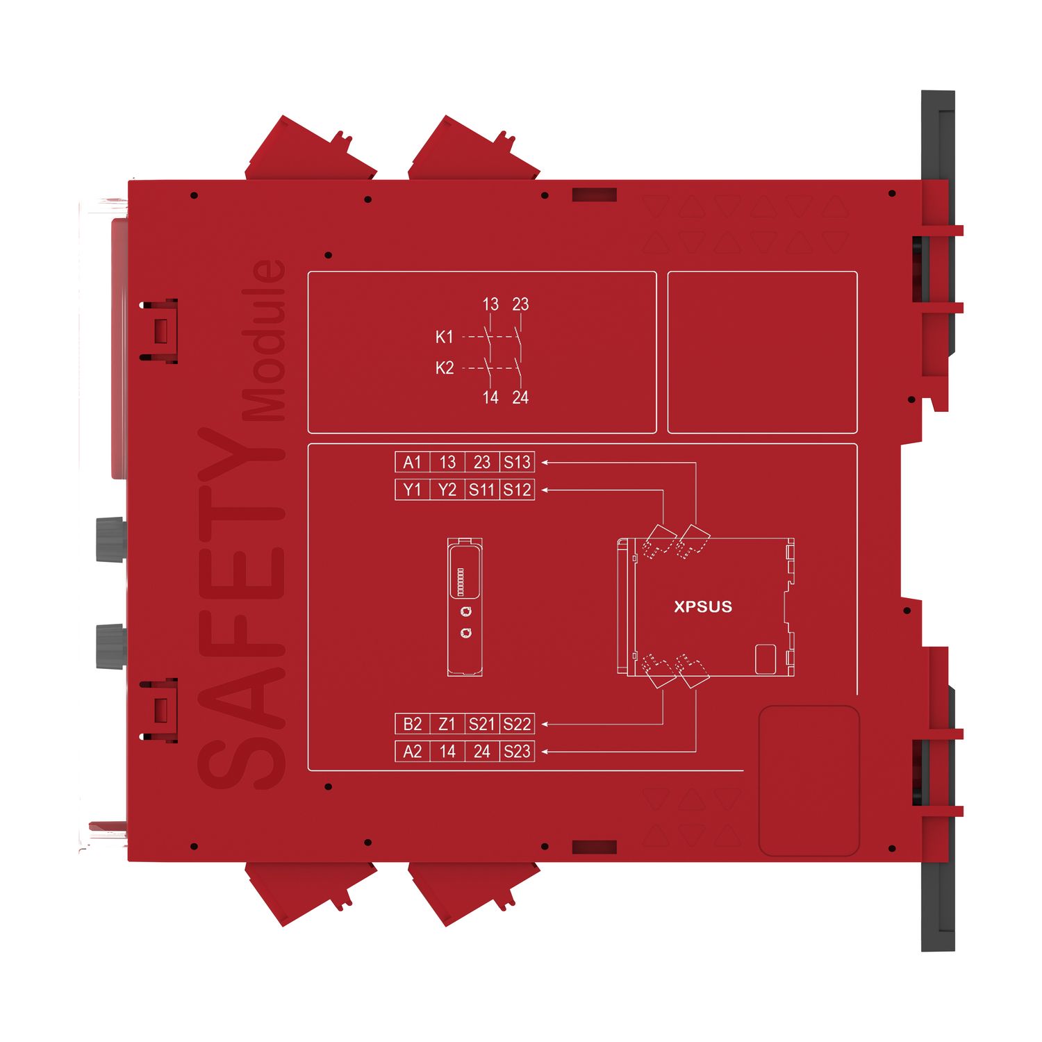 Picture of safety module, Harmony XPSU, Cat 4, features 2 x XPSUAF with enabling movement, 48 to 240V AC or DC, spring