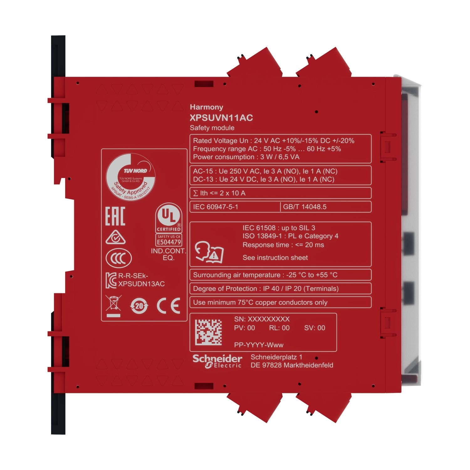 Picture of safety module, Harmony XPS, zero speed monitoring with time delay, 24V AC or DC, spring